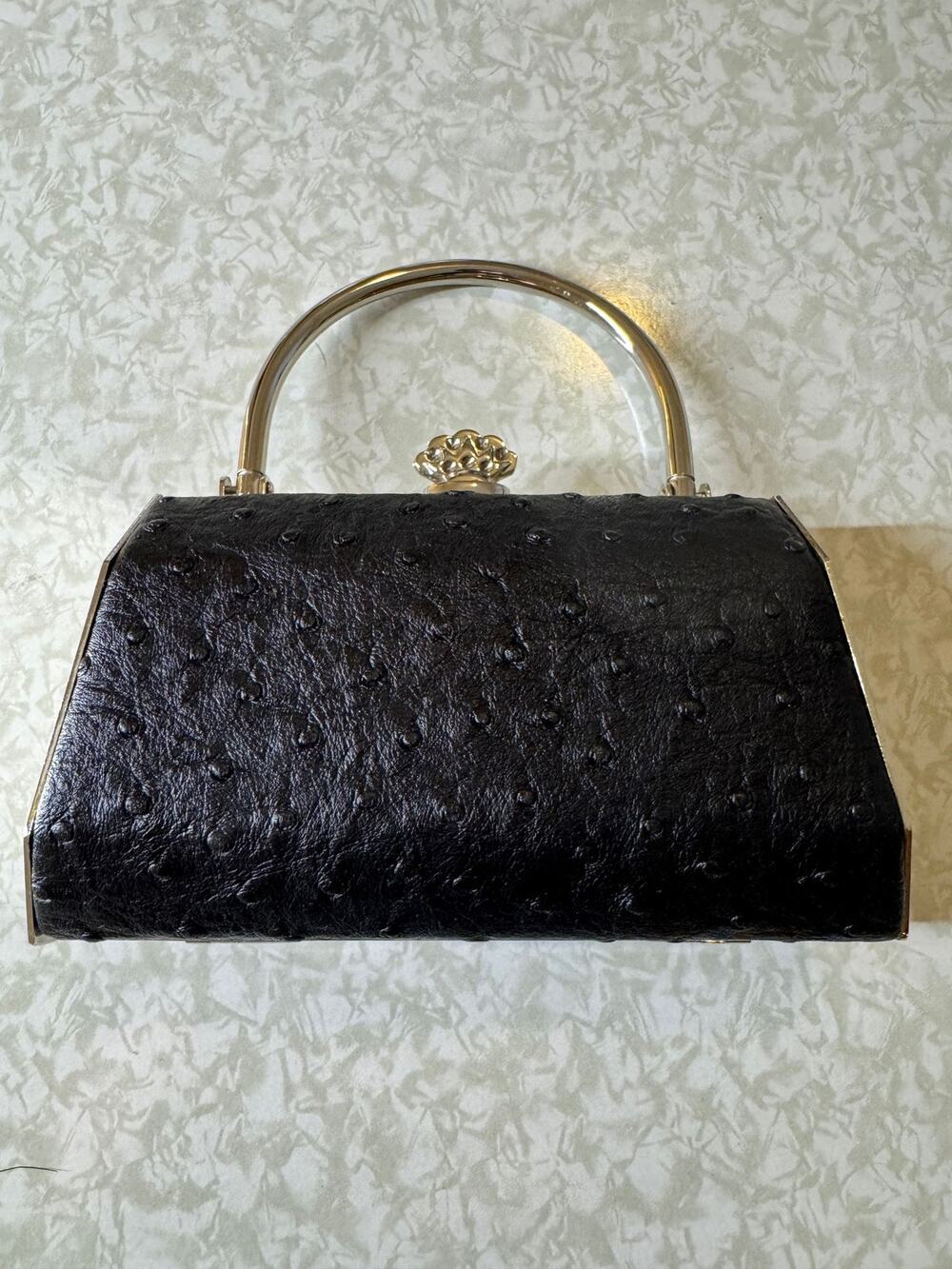 Black Faux Ostrich Mini Purse with Metal Handle & Crown Clasp